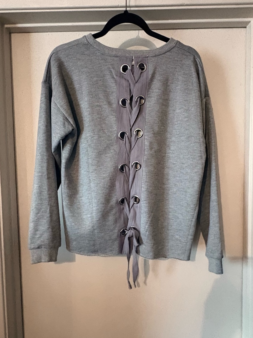 Coverstitched Heather Grey Lace Up Back Corset Sweatshirt Pullover Size Small
